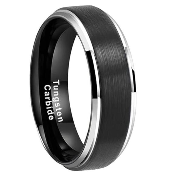 Men's Wedding Band 6mm Black Brushed Silver Edge Stripe - Engagement Rings - Picture 1 of 8
